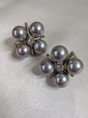 Vintage Silver Tone Cluster Clip‑On Earrings — Faux Pearls & Rhinestone Center